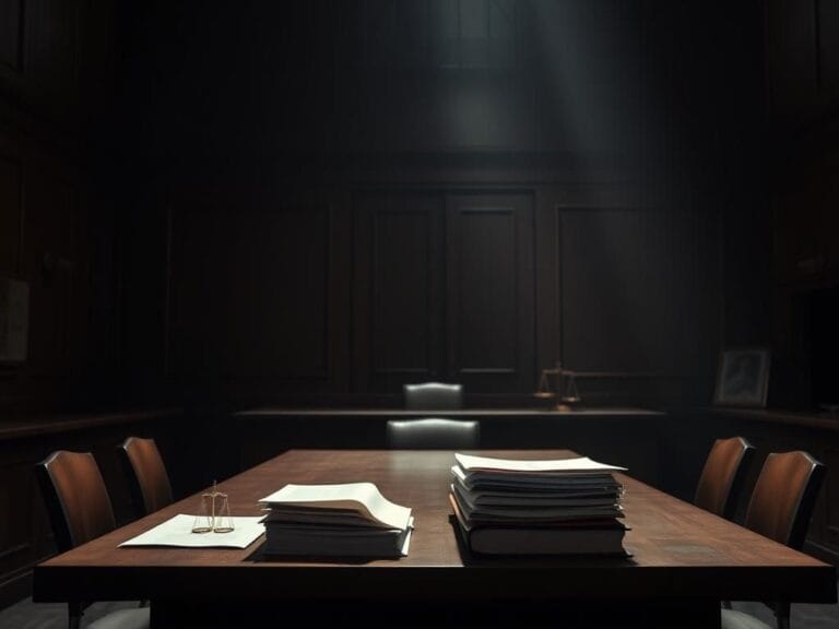 Flick International A somber courtroom scene with an empty defense table and legal documents