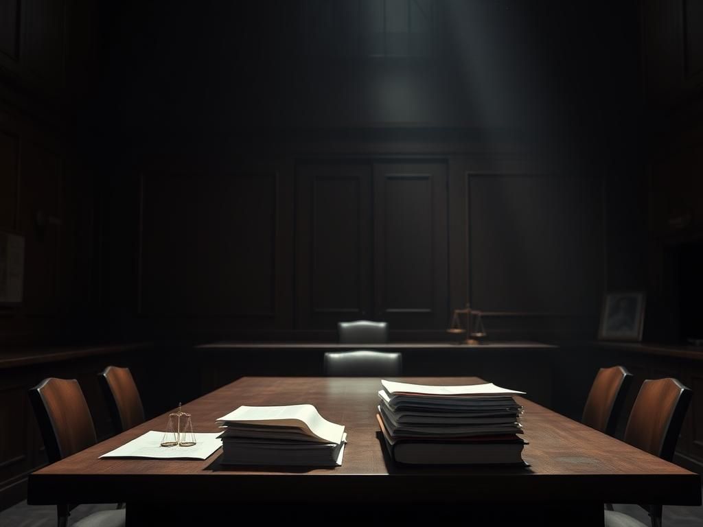 Flick International A somber courtroom scene with an empty defense table and legal documents