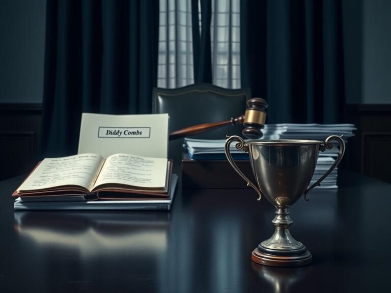 Flick International Somber courtroom scene with gavel, legal documents, and closed case file on Diddy Combs