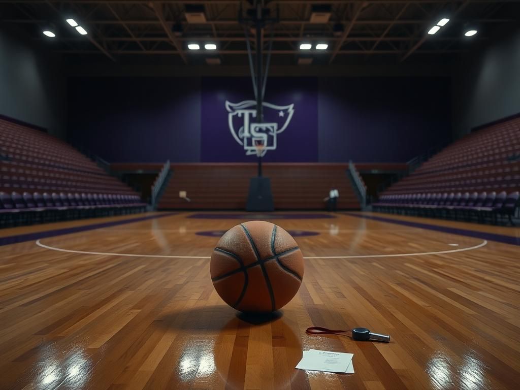 Flick International Dimly lit basketball court with an abandoned basketball and empty bleachers