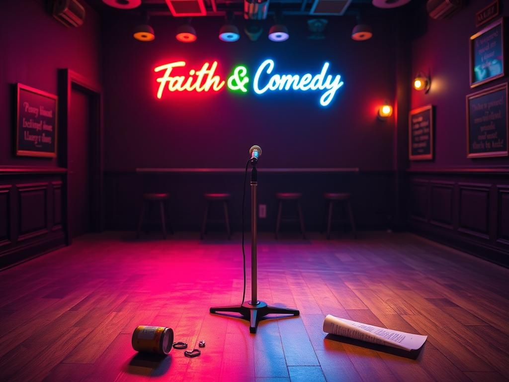 Flick International Dimly lit comedy club stage with microphone and colorful lights