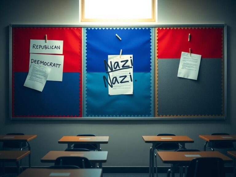 Flick International Classroom bulletin board displaying political party identification squares in red, blue, and gray, with a 'Nazi' paper marked prominently.