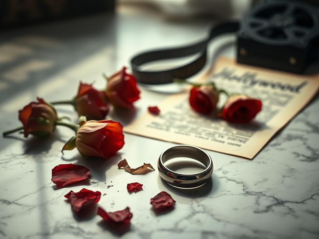 Flick International Fragmented wedding ring on a marble floor surrounded by wilted roses and faded script pages, symbolizing broken relationships
