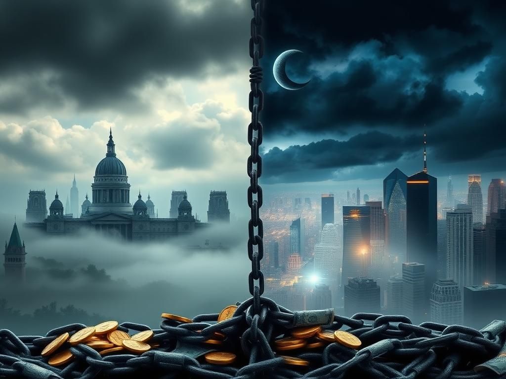 Flick International A split landscape contrasting an oppressive hierarchical city skyline with a modern diverse skyline symbolizing socio-economic inequality