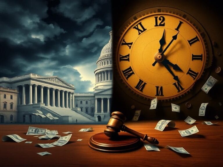 Flick International A divided political scene illustrating the stark contrast between Democrats and Republicans during a government shutdown.