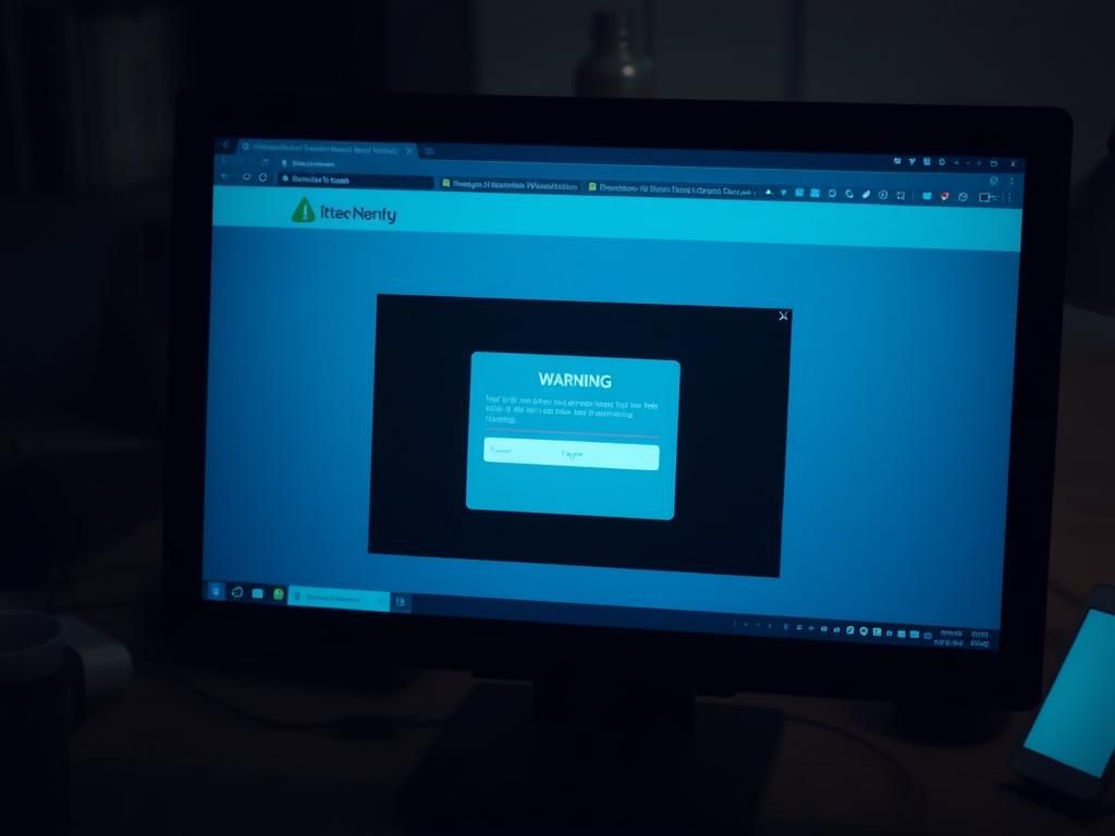 Flick International Close-up view of a computer screen displaying a deceptive online banking interface with a fake login pop-up.