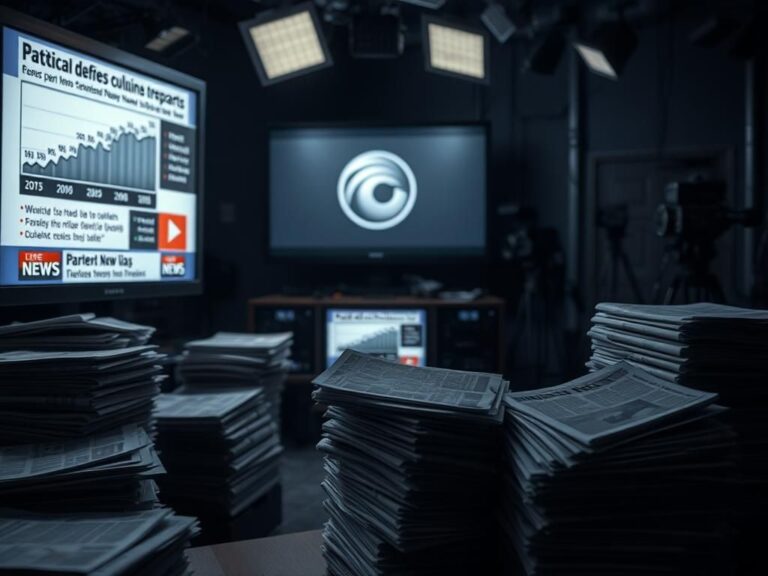 Flick International A dramatic, dimly lit newsroom filled with outdated broadcasting equipment and stacked newspapers, representing media bias.