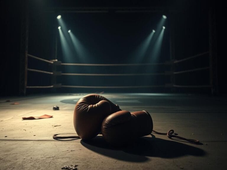 Flick International Empty MMA octagon with worn boxing gloves, dramatic lighting
