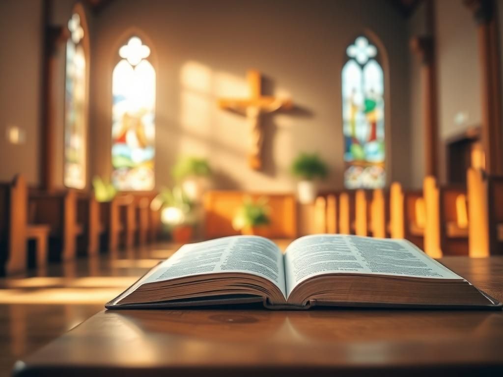 Flick International A serene church interior with an open Bible on a wooden altar and light streaming through stained glass windows
