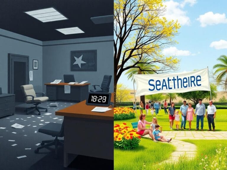 Flick International A split scene showing chaos in a government office on the left and a vibrant public park on the right, illustrating the effects of the government shutdown.