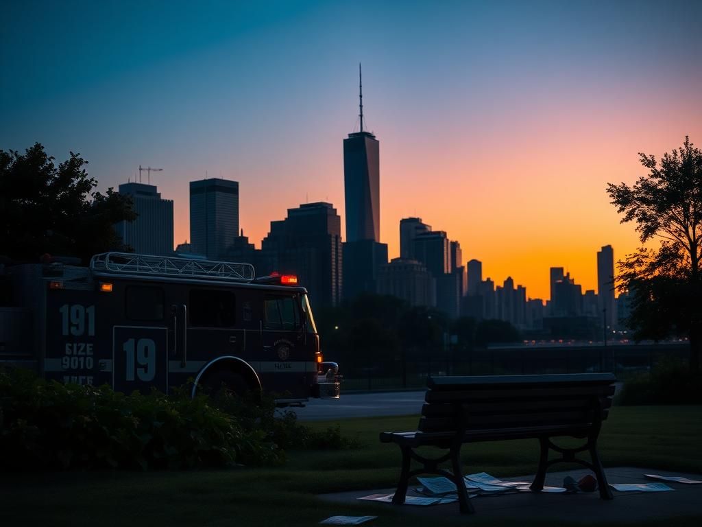 Flick International Twilight urban landscape featuring New York City skyline with Twin Towers and fire truck