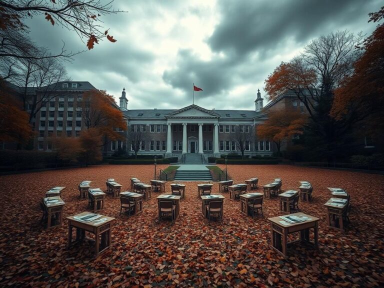 Flick International Somber autumn scene of a university campus with empty lecture hall and fallen leaves symbolizing change and unrest