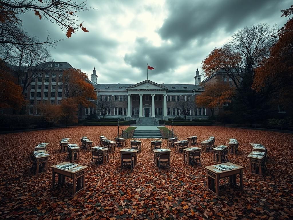 Flick International Somber autumn scene of a university campus with empty lecture hall and fallen leaves symbolizing change and unrest