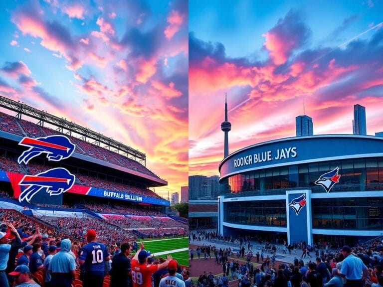 Flick International Split landscape of Buffalo Bills stadium and Toronto Blue Jays Rogers Centre with fans and iconic architecture