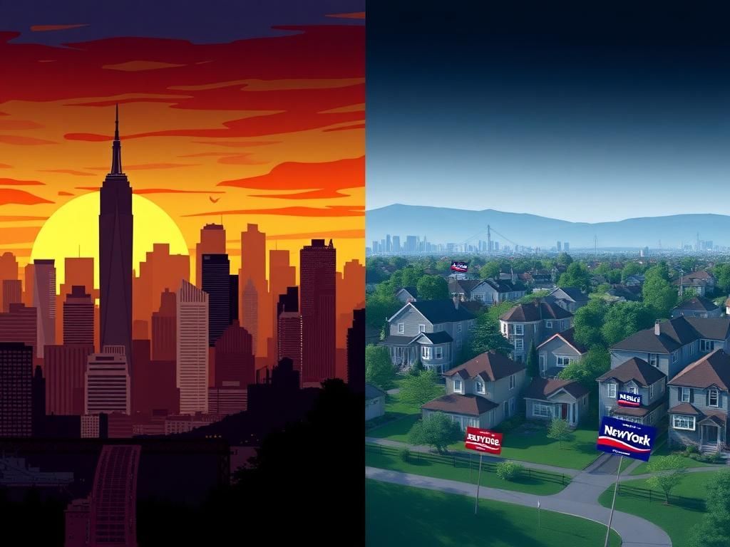 Flick International A split scene depicting contrasting political landscapes of New York City and New Jersey