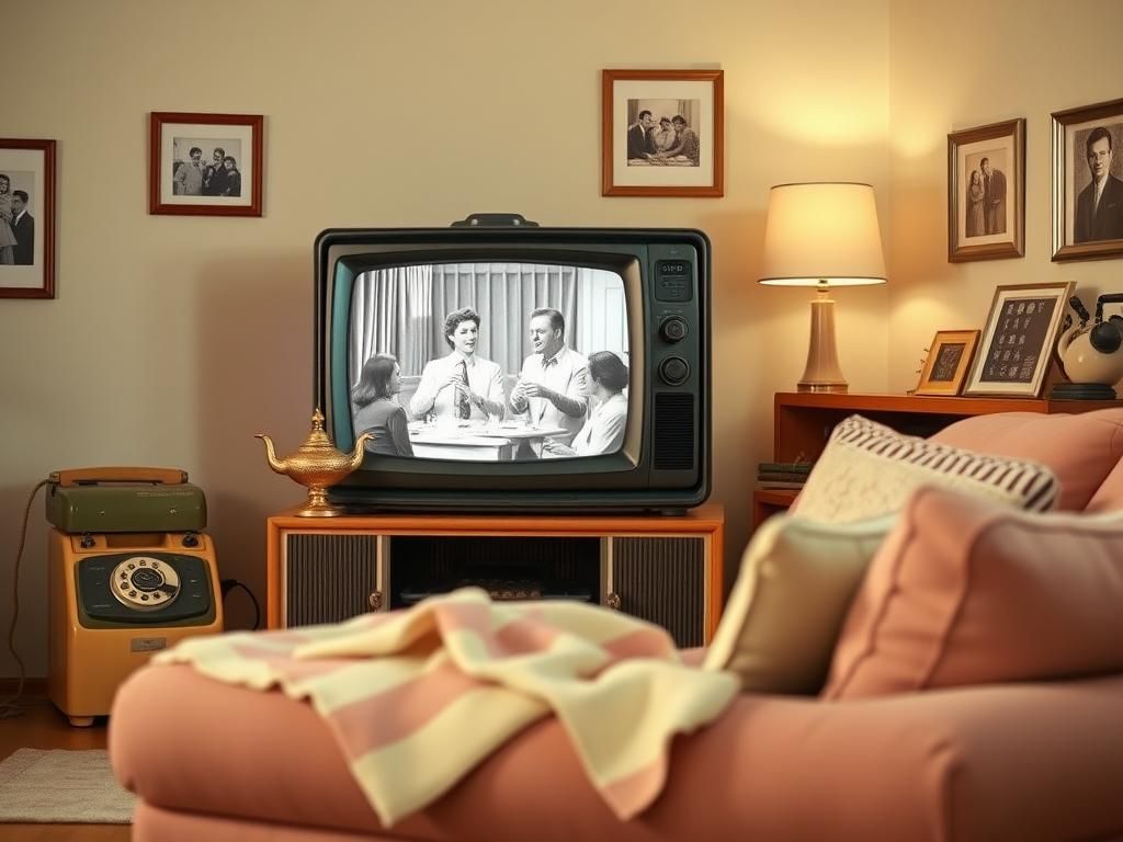 Flick International Vintage television set featuring scenes from 'I Dream of Jeannie' in a cozy 1960s living room