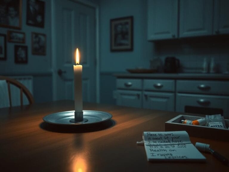 Flick International Somber kitchen scene with a flickering candle and untouched meal indicating anticipation and struggle.