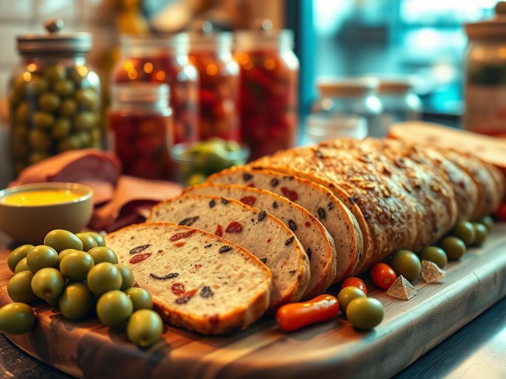 Flick International Close-up of a vintage deli countertop with slices of olive loaf and vibrant green olives