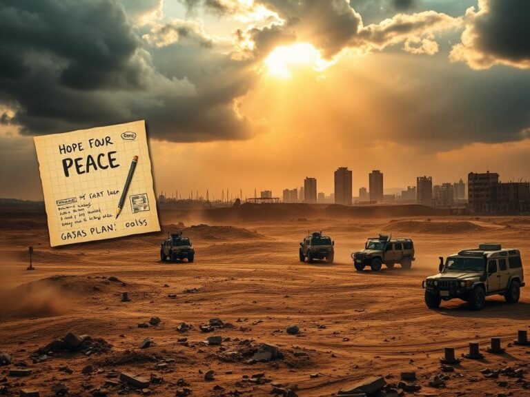 Flick International Military vehicles in a rugged landscape illustrating readiness amid hopes for peace in Gaza.