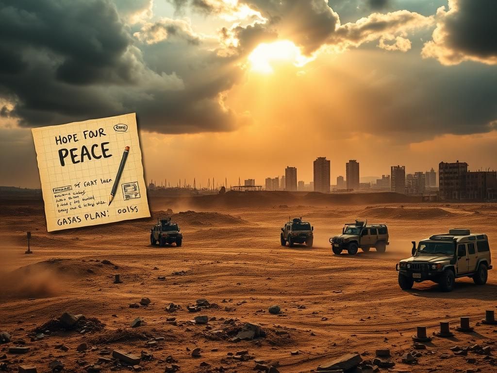 Flick International Military vehicles in a rugged landscape illustrating readiness amid hopes for peace in Gaza.