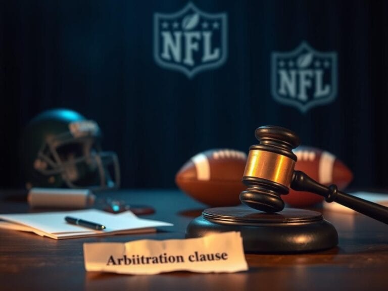 Flick International Dark courtroom scene with gavel and football items symbolizing Jon Gruden's legal battle with the NFL