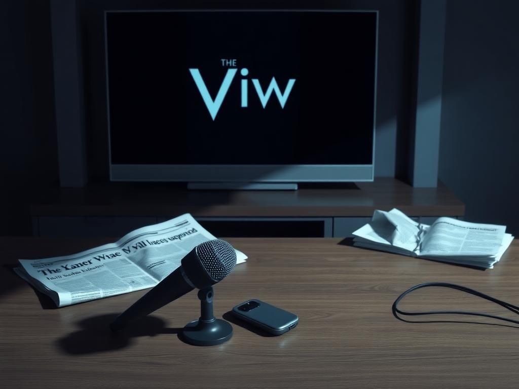 Flick International Empty newsroom desk with microphone, symbolizing silence in media discussions