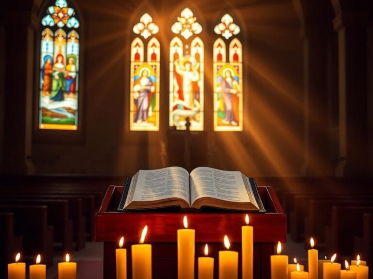 Flick International A serene church interior with an open Bible on a lectern, symbolizing faith resurgence among Gen Z men