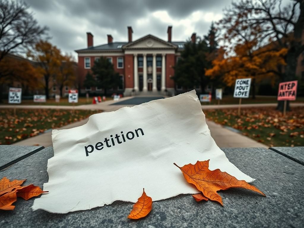 Flick International A weathered petition on a stone bench surrounded by autumn leaves on a university campus.