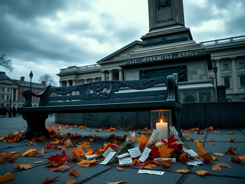 Flick International A somber scene in Trafalgar Square during a moment of mourning, featuring a stone bench and flickering candle.