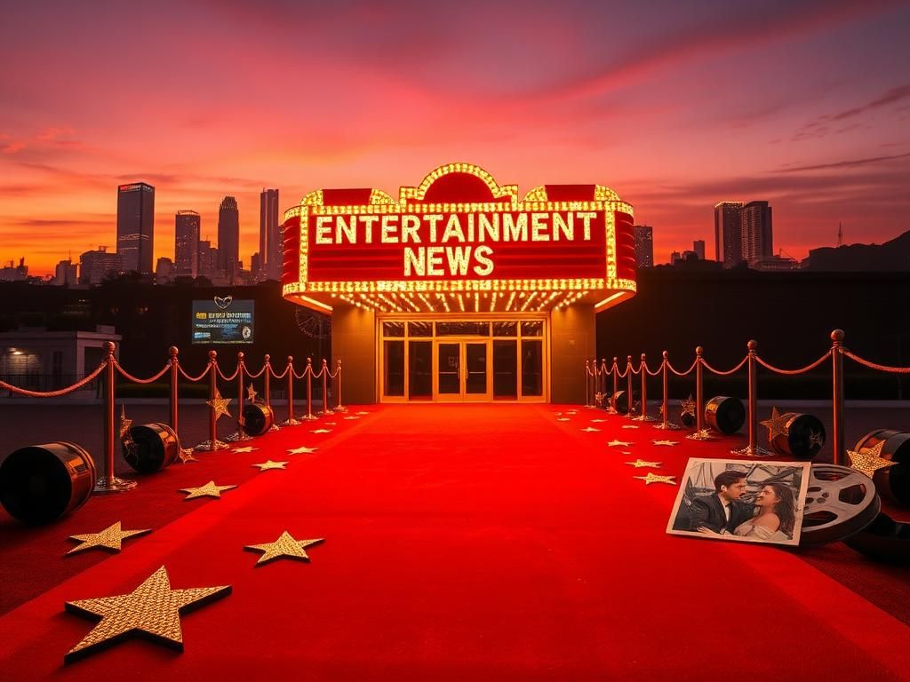 Flick International Abstract representation of Hollywood's glitz with a red carpet, theater marquee, and awards