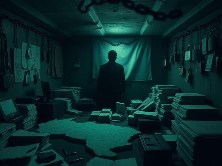 Flick International A dimly lit underground room filled with stacks of cash and documents symbolizing a money laundering operation