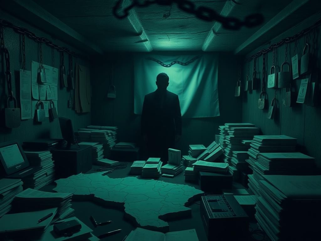 Flick International A dimly lit underground room filled with stacks of cash and documents symbolizing a money laundering operation