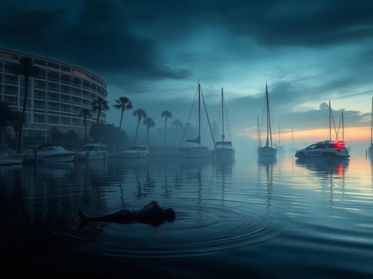 Flick International A somber marina scene at dawn showing dark waters and a partially submerged object.