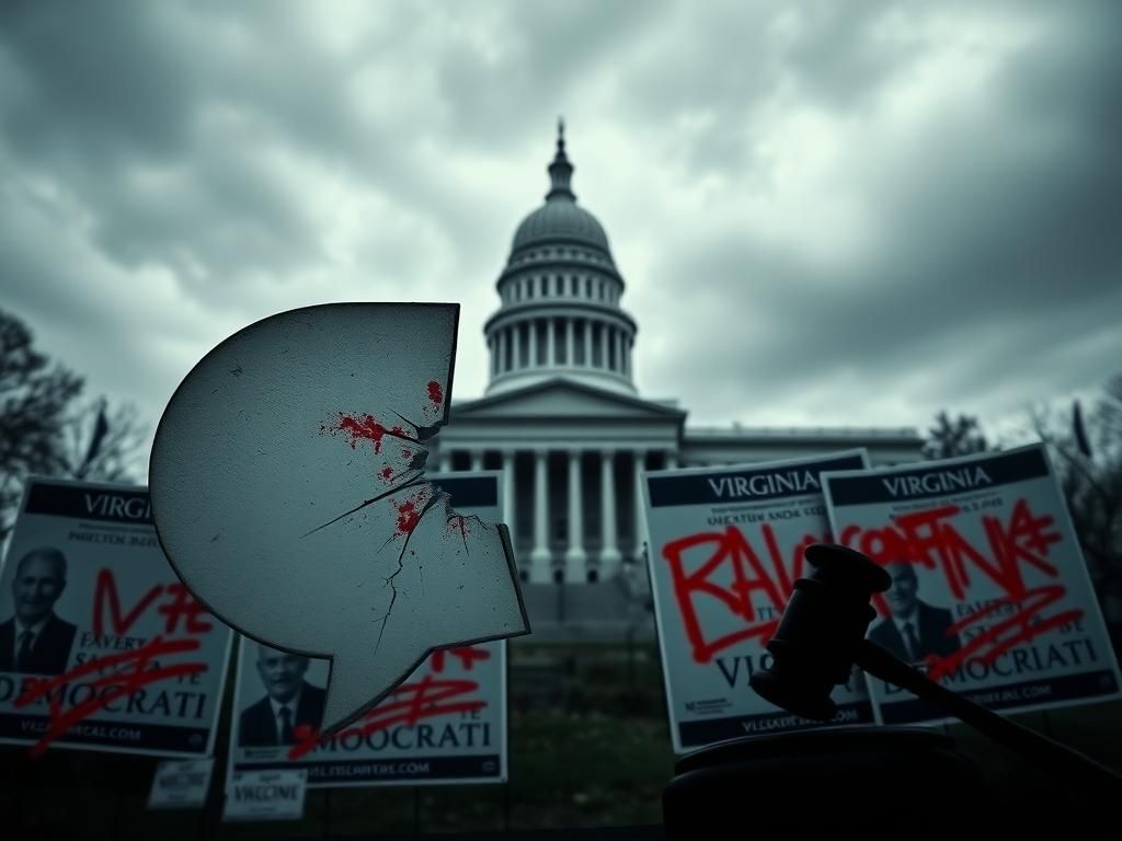 Flick International Dark and ominous Virginia State Capitol building with torn political campaign posters in the foreground
