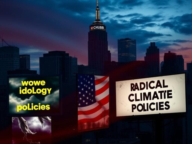 Flick International Dramatic cityscape of New York City at dusk featuring the Chubb Insurance building and provocative billboards.