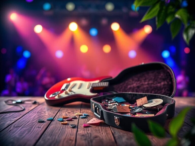 Flick International Electric guitar resting on a wooden stage under warm lighting