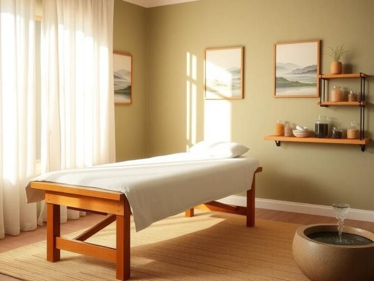 Flick International Serene acupuncture treatment room with wooden massage table and calming decor