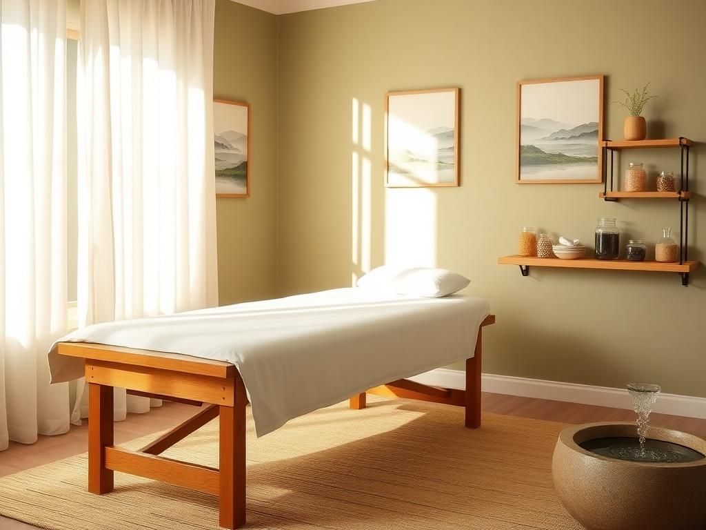 Flick International Serene acupuncture treatment room with wooden massage table and calming decor