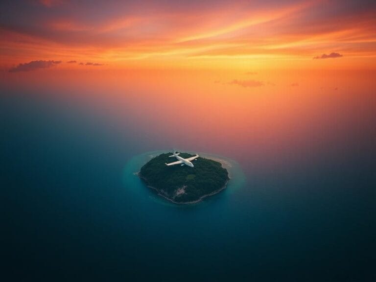 Flick International Aerial view of an isolated island in a deep blue ocean with hints of an airplane wreckage hidden in vegetation