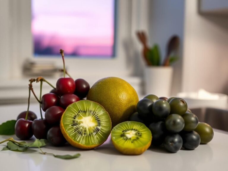 Flick International A serene kitchen countertop with vibrant Montmorency cherries, sliced green kiwis, and dark grapes surrounded by natural elements.