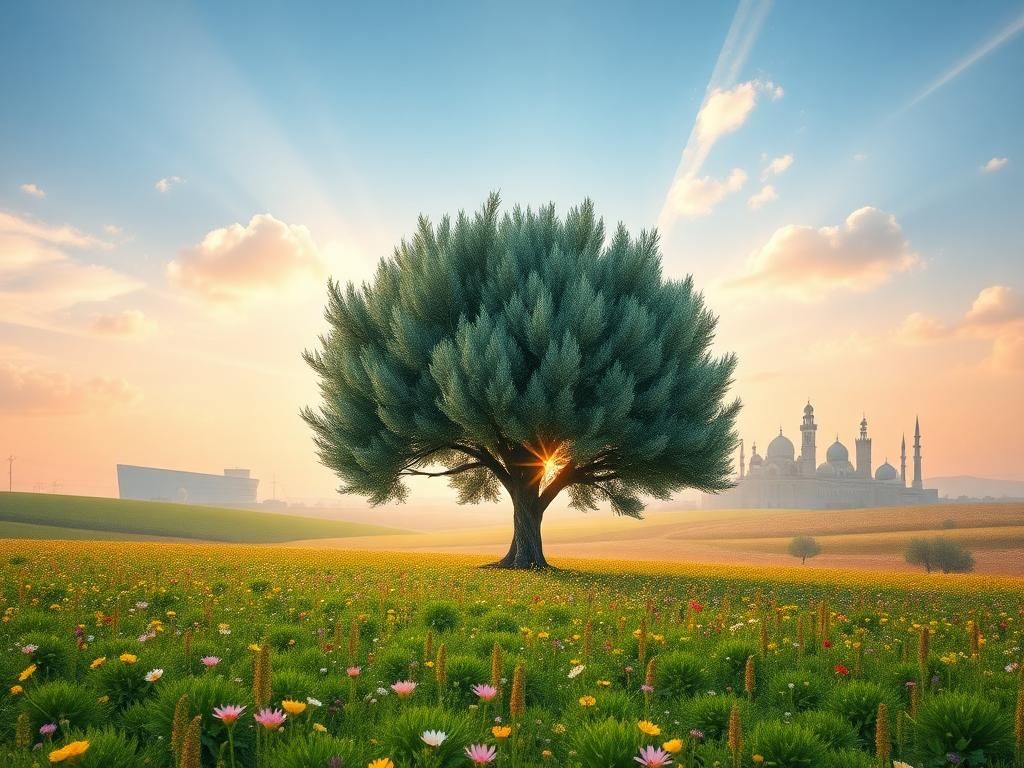 Flick International A sprawling landscape symbolizing peace in the Middle East with an olive tree and blooming wildflowers