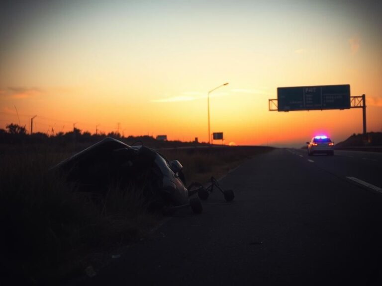 Flick International A somber highway scene depicting the aftermath of a car crash with a twisted wreck and police car nearby