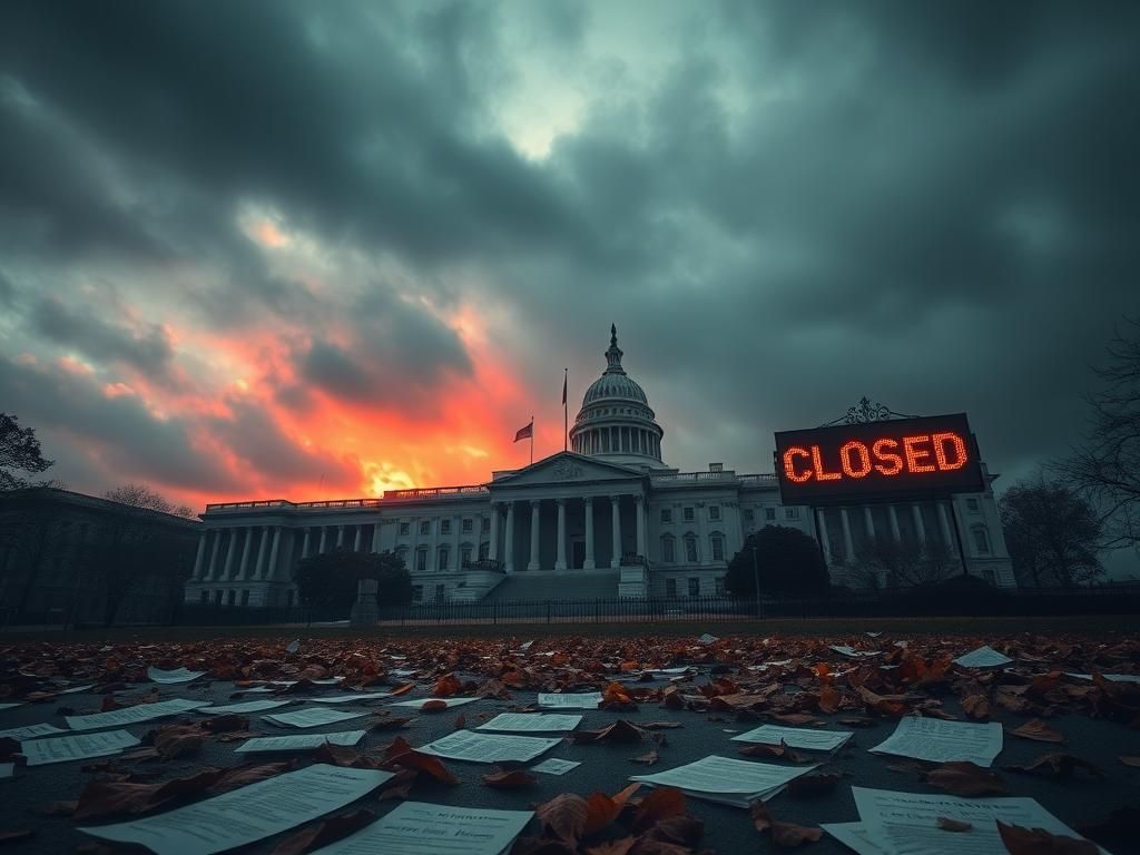 Flick International U.S. Capitol building under dark clouds with closed office doors representing government shutdown