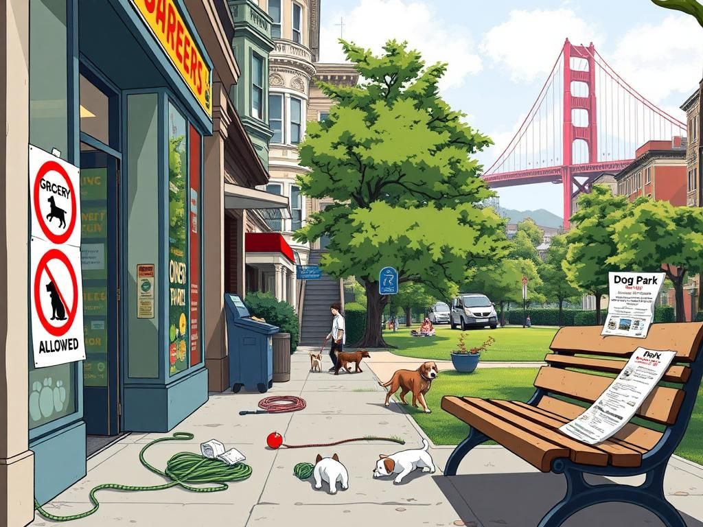 Flick International A bustling San Francisco street scene depicting the conflict between dog-friendly culture and rising complaints about pet regulations.