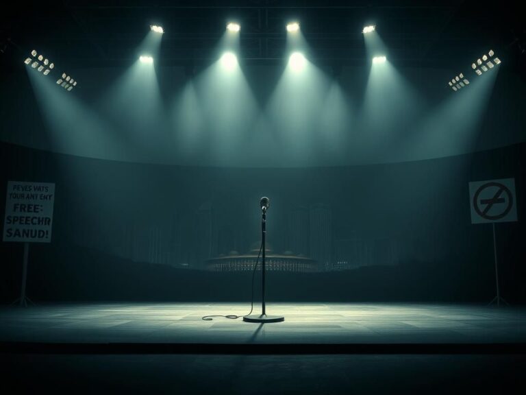 Flick International Empty stage with a single microphone under spotlight at a Saudi comedy festival