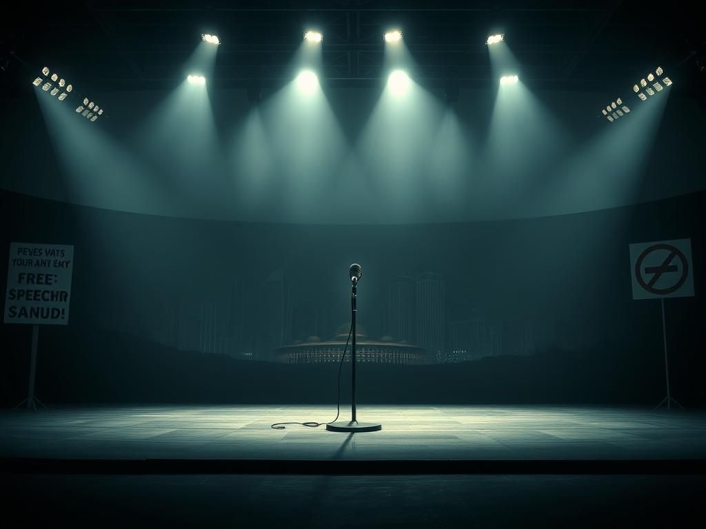 Flick International Empty stage with a single microphone under spotlight at a Saudi comedy festival