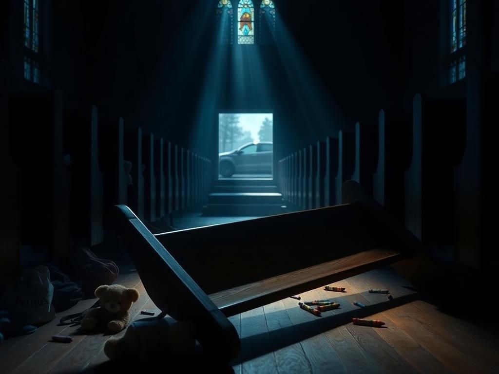 Flick International Interior view of a church sanctuary after a shooting, showing overturned pews and scattered belongings