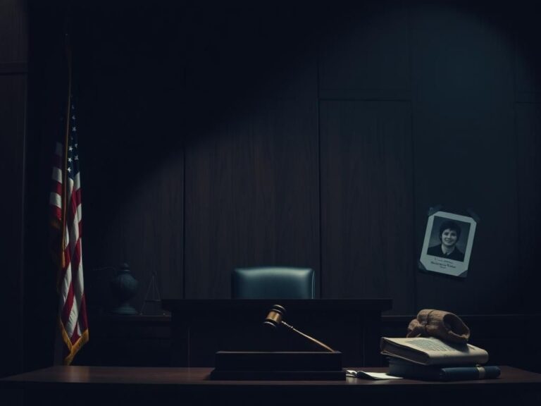 Flick International Somber courtroom scene with empty justice bench and gavel