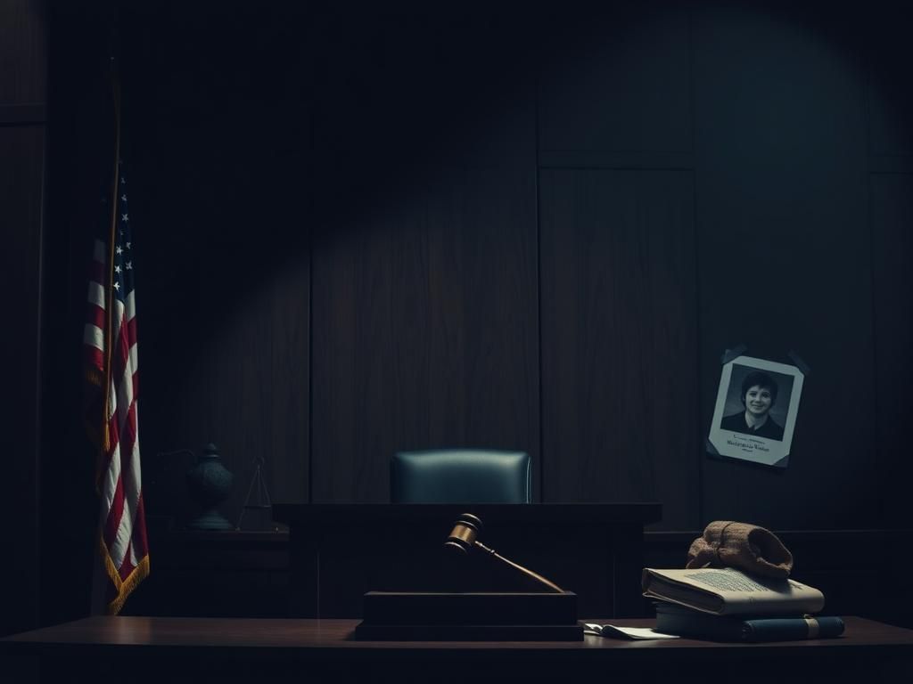 Flick International Somber courtroom scene with empty justice bench and gavel