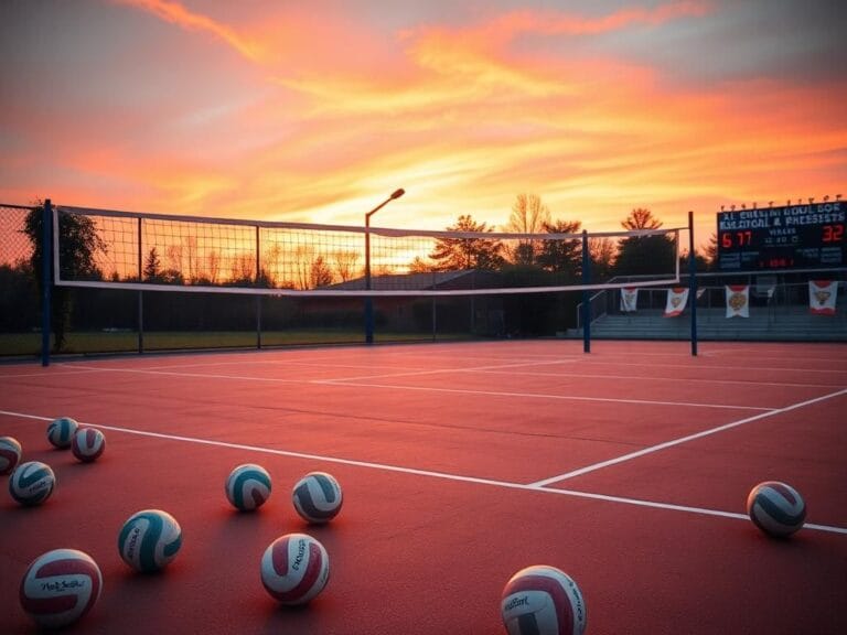 Flick International Outdoor volleyball court at dusk with a glowing sunset and competition gear